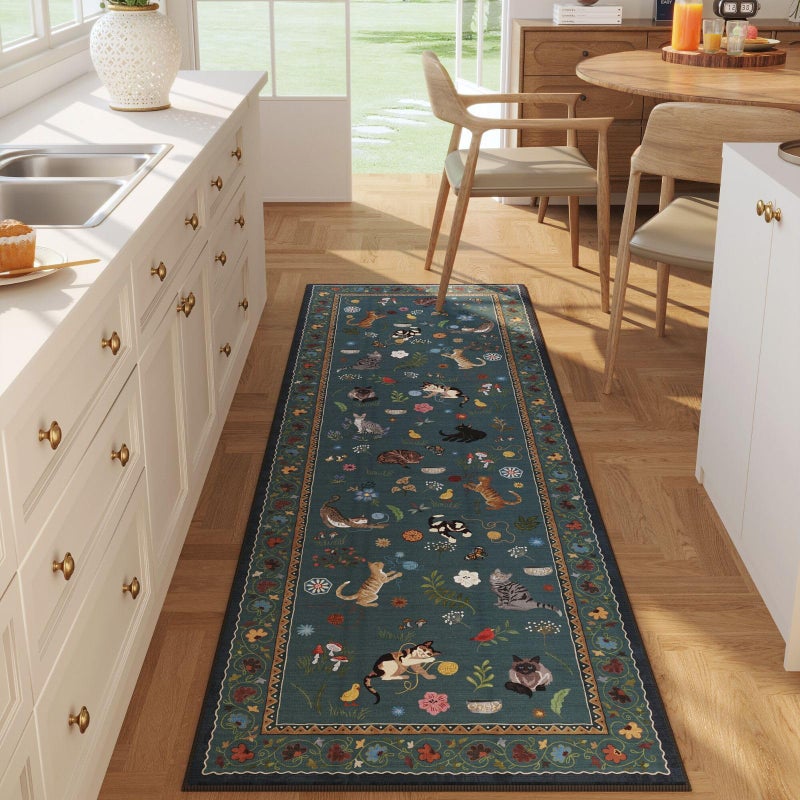 Rugcomf Runner Rug for Kitchen Non Slip 2'x6' Washable Rugs with Rubber Backing Soft Floral Animal Cat Carpet Runner for Kitchen Laundry Bedroom Bathroom, Pearl Gentian Blue - Image 1