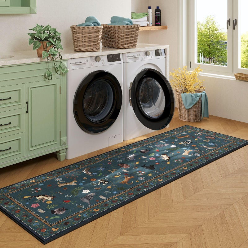 Rugcomf Runner Rug for Kitchen Non Slip 2'x6' Washable Rugs with Rubber Backing Soft Floral Animal Cat Carpet Runner for Kitchen Laundry Bedroom Bathroom, Pearl Gentian Blue - Image 4