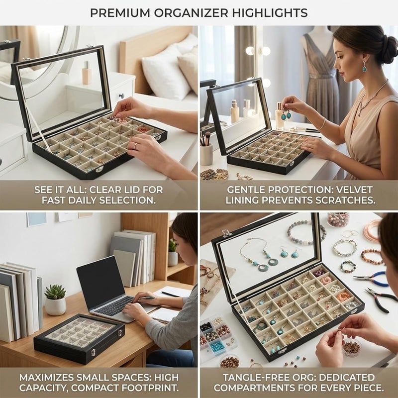 Stratalife 30 Grid Earring Organizer, PU Leather Jewelry Holder Organizer with Clear Lid, Velvet Earring Ring Storage Box for Women Girls Drawer (Beige Black) - Image 3