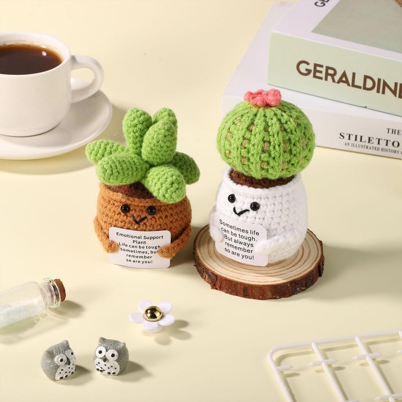 lasuroa 2pcs Positive Crochet Potted Plants, Positive Cactus Knitted Succulent Positive Succulent Crochet Cactus Mini Crochet Plant for Party Decoration Encouraging Gift - Image 4