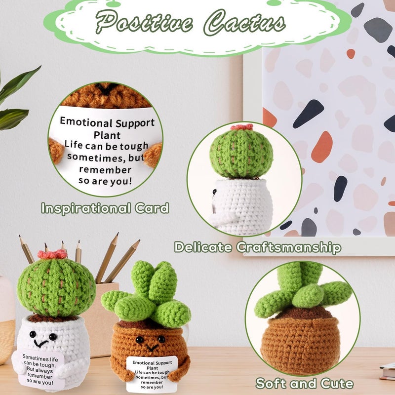 lasuroa 2pcs Positive Crochet Potted Plants, Positive Cactus Knitted Succulent Positive Succulent Crochet Cactus Mini Crochet Plant for Party Decoration Encouraging Gift - Image 3