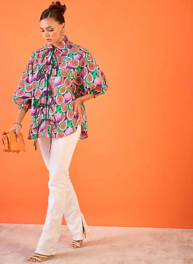 Uptownie Multi Fig Print Front Tie-Up Longline Shirt