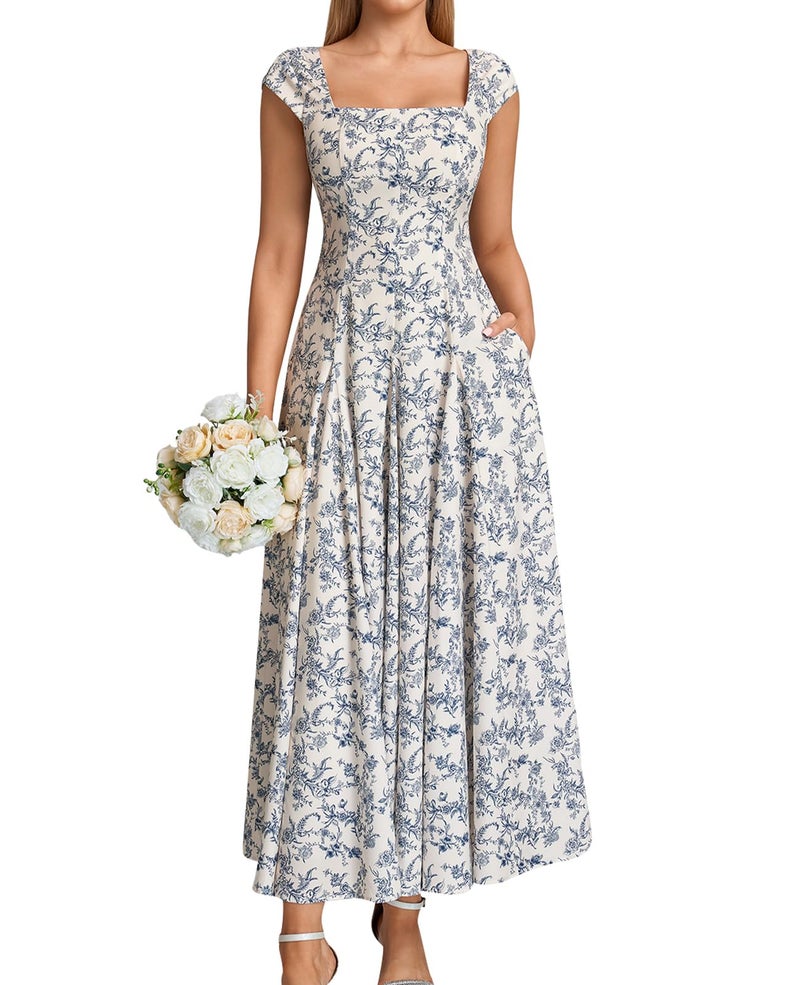 GLNEGE Women’s Corset Wedding Guest Maxi Dress Cap Sleeve Square Neck Lace Up A Line Flowy Formal Midi Dress with Pockets Bluefloral - Image 1