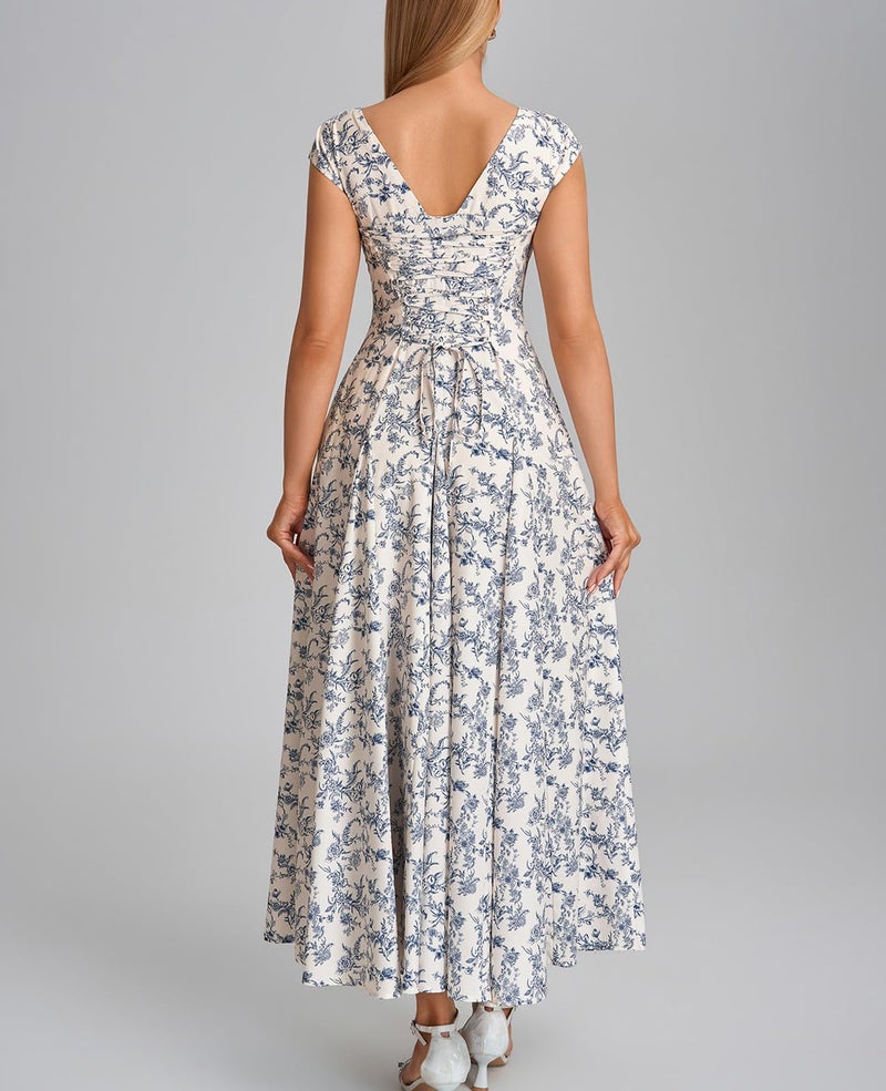 GLNEGE Women’s Corset Wedding Guest Maxi Dress Cap Sleeve Square Neck Lace Up A Line Flowy Formal Midi Dress with Pockets Bluefloral - Image 4