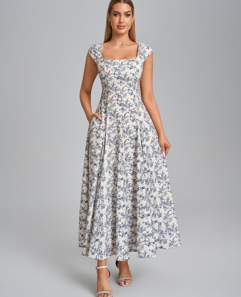 GLNEGE Women’s Corset Wedding Guest Maxi Dress Cap Sleeve Square Neck Lace Up A Line Flowy Formal Midi Dress with Pockets Bluefloral - Image 2
