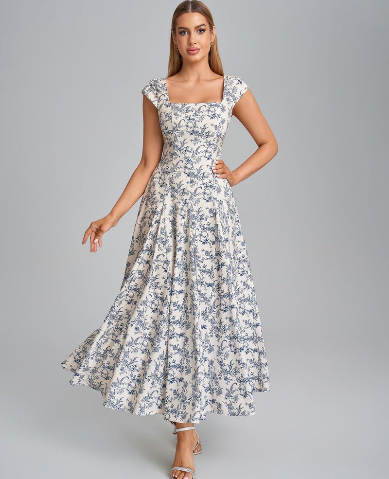 GLNEGE Women’s Corset Wedding Guest Maxi Dress Cap Sleeve Square Neck Lace Up A Line Flowy Formal Midi Dress with Pockets Bluefloral - Image 5