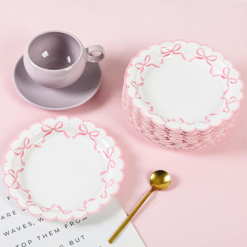 Elyxio 48 Pcs Pink Bow Paper Plates Coquette Disposable Party Plates 7" Scalloped Bowknot Small Dessert Plate for Bachelorette Birthday Bridal Baby Shower Tableware Supply - Image 3