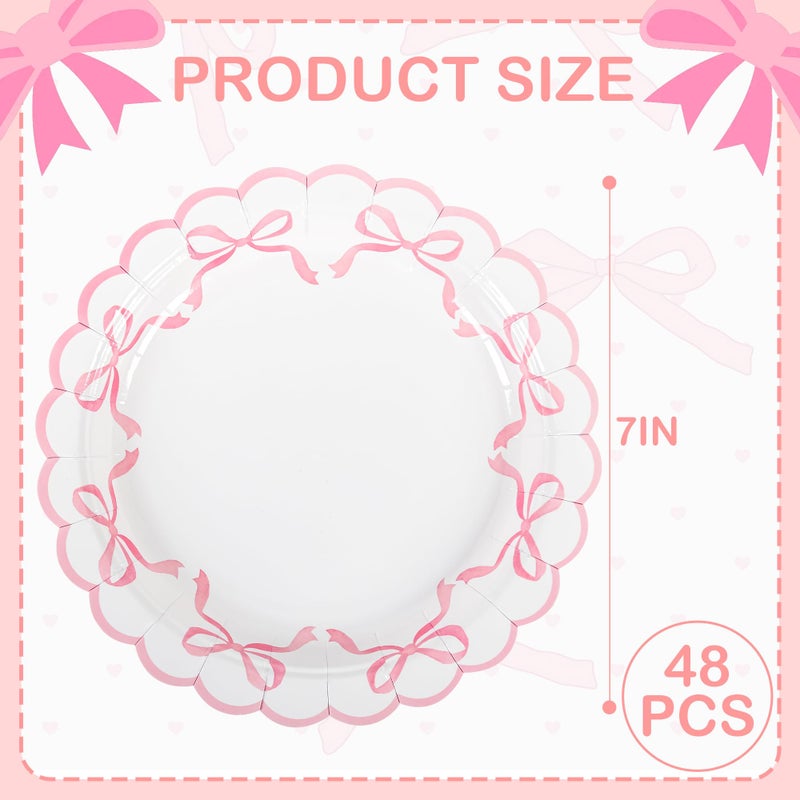 Elyxio 48 Pcs Pink Bow Paper Plates Coquette Disposable Party Plates 7" Scalloped Bowknot Small Dessert Plate for Bachelorette Birthday Bridal Baby Shower Tableware Supply - Image 2