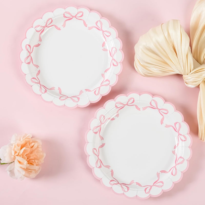 Elyxio 48 Pcs Pink Bow Paper Plates Coquette Disposable Party Plates 7" Scalloped Bowknot Small Dessert Plate for Bachelorette Birthday Bridal Baby Shower Tableware Supply - Image 5