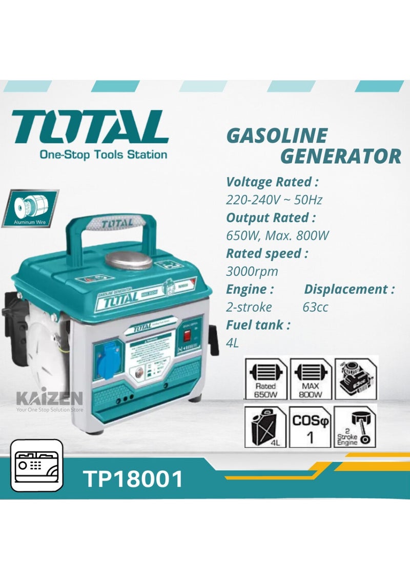 TOTAL - TOTAL Gasoline Generator 800W (TP18001) – Portable 2-Stroke Generator, 0.8kW Max Output, 4L Fuel Tank, Air-Cooled, Ideal for Outdoor Use, Camping, and Emergency Power - Image 1