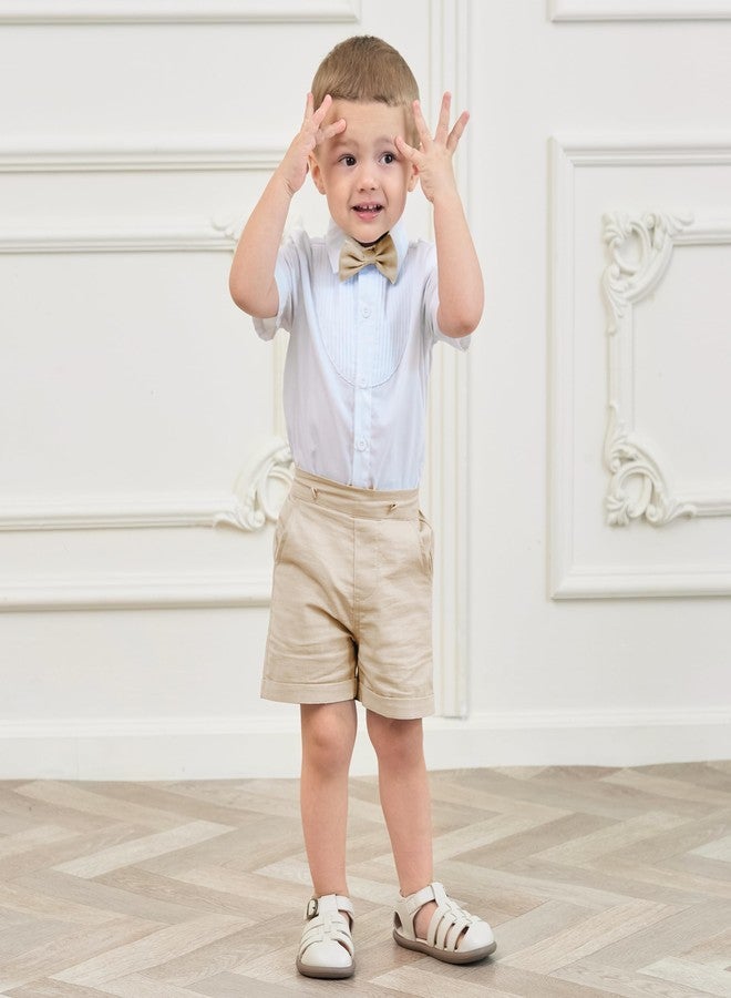 Volunboy Baby Clothing Toddler Boy Overall Shorts with Bowtie Boys Linen Suit Set Infant Wedding Outfit (Khaki,2-3T) - Image 3