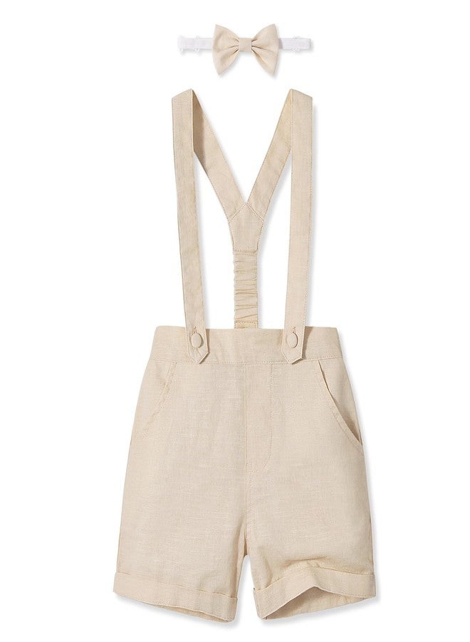 Volunboy Baby Clothing Toddler Boy Overall Shorts with Bowtie Boys Linen Suit Set Infant Wedding Outfit (Khaki,2-3T) - Image 1