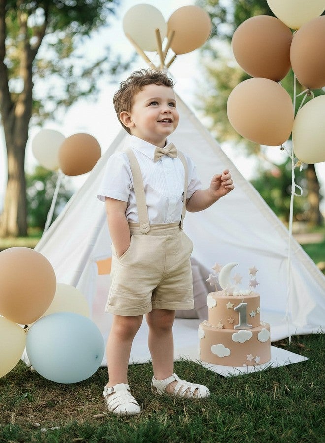 Volunboy Baby Clothing Toddler Boy Overall Shorts with Bowtie Boys Linen Suit Set Infant Wedding Outfit (Khaki,2-3T) - Image 2
