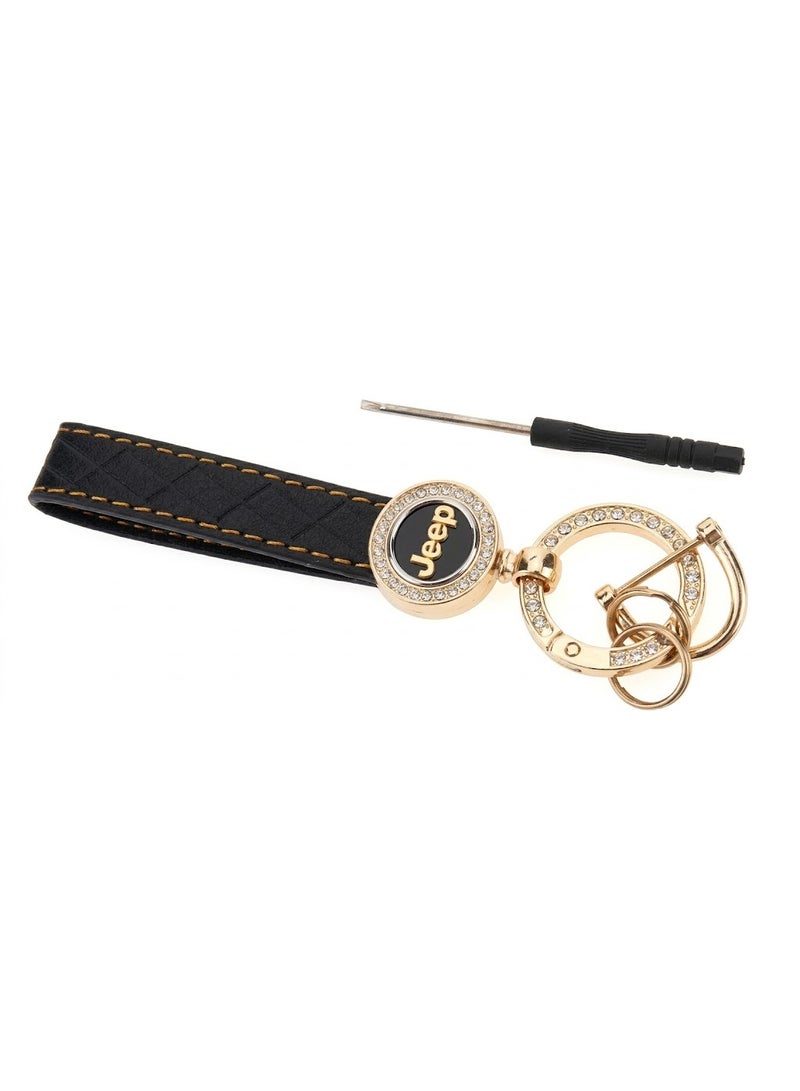 Jeep car keychain with padded strap and gold key ring, black color
