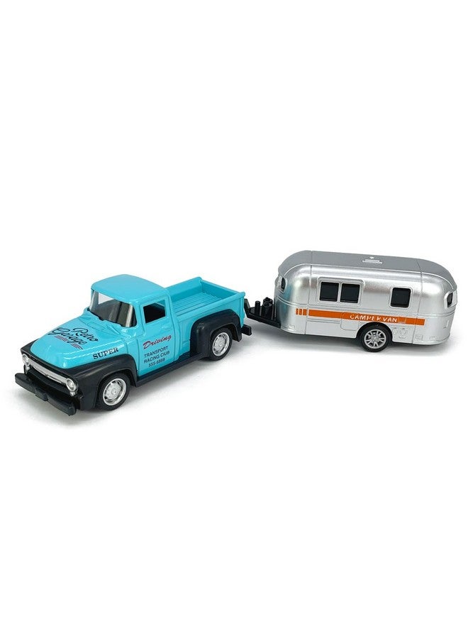 VIIGER Vintage Blue Pickup Truck Trailer Towing Toy Camper Rv Motorhome Toys For Boys Diecast Model Car Metal Pull Back Toy Cars 3 4 5 6 7 Year Old Toddler Kids Birthday Gifts Cake Topper Home Office Décor - Image 3