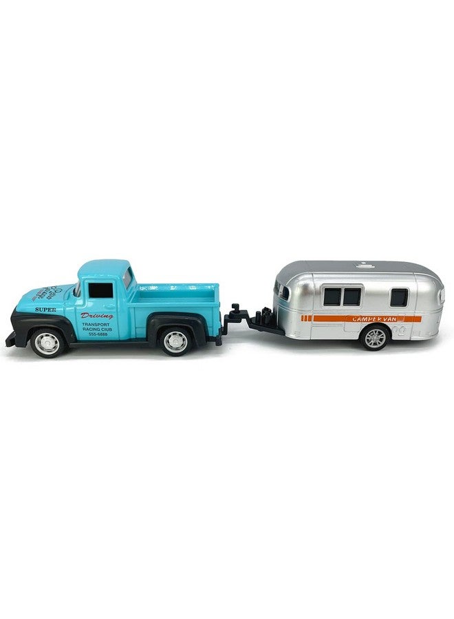 VIIGER Vintage Blue Pickup Truck Trailer Towing Toy Camper Rv Motorhome Toys For Boys Diecast Model Car Metal Pull Back Toy Cars 3 4 5 6 7 Year Old Toddler Kids Birthday Gifts Cake Topper Home Office Décor - Image 2