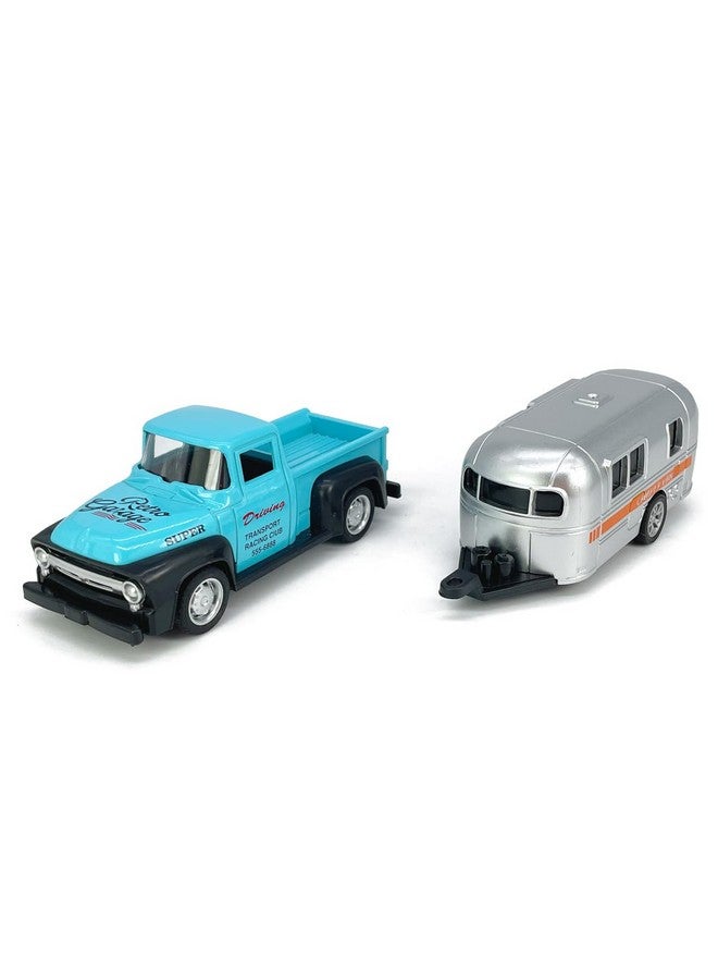 VIIGER Vintage Blue Pickup Truck Trailer Towing Toy Camper Rv Motorhome Toys For Boys Diecast Model Car Metal Pull Back Toy Cars 3 4 5 6 7 Year Old Toddler Kids Birthday Gifts Cake Topper Home Office Décor - Image 4