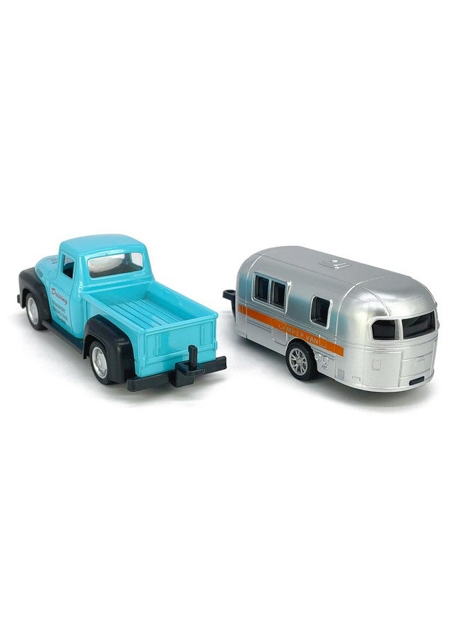 VIIGER Vintage Blue Pickup Truck Trailer Towing Toy Camper Rv Motorhome Toys For Boys Diecast Model Car Metal Pull Back Toy Cars 3 4 5 6 7 Year Old Toddler Kids Birthday Gifts Cake Topper Home Office Décor - Image 5