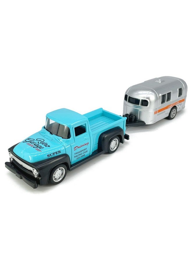 VIIGER Vintage Blue Pickup Truck Trailer Towing Toy Camper Rv Motorhome Toys For Boys Diecast Model Car Metal Pull Back Toy Cars 3 4 5 6 7 Year Old Toddler Kids Birthday Gifts Cake Topper Home Office Décor - Image 1