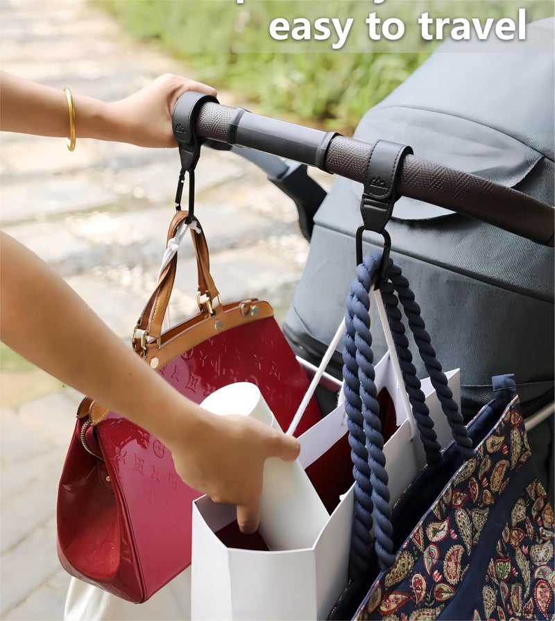 MoBearer Baby Stroller Hooks Bag Hooks for Hanging Diaper Bags Multipurpose Hooks for Grocery Shopping Bags Premium Vegan Leather Pram Straps 2 Pcs (Black-3) - Image 4