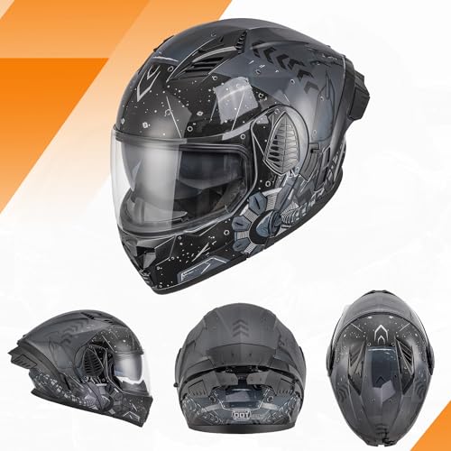 OUMURS DOT Motorcycle Full Face Helmet, Flip Up Dual Visor, Adult, Sun Shield, Lightweight, Street Bike, DOT Approved, Sport Bike, Unisex, Model-167, Future Gray - XL - Image 2