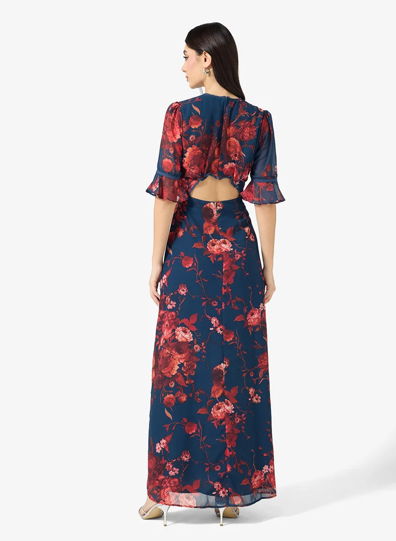 Hope & Ivy Frill Sleeve Thigh Split Open Back Maxi Dress