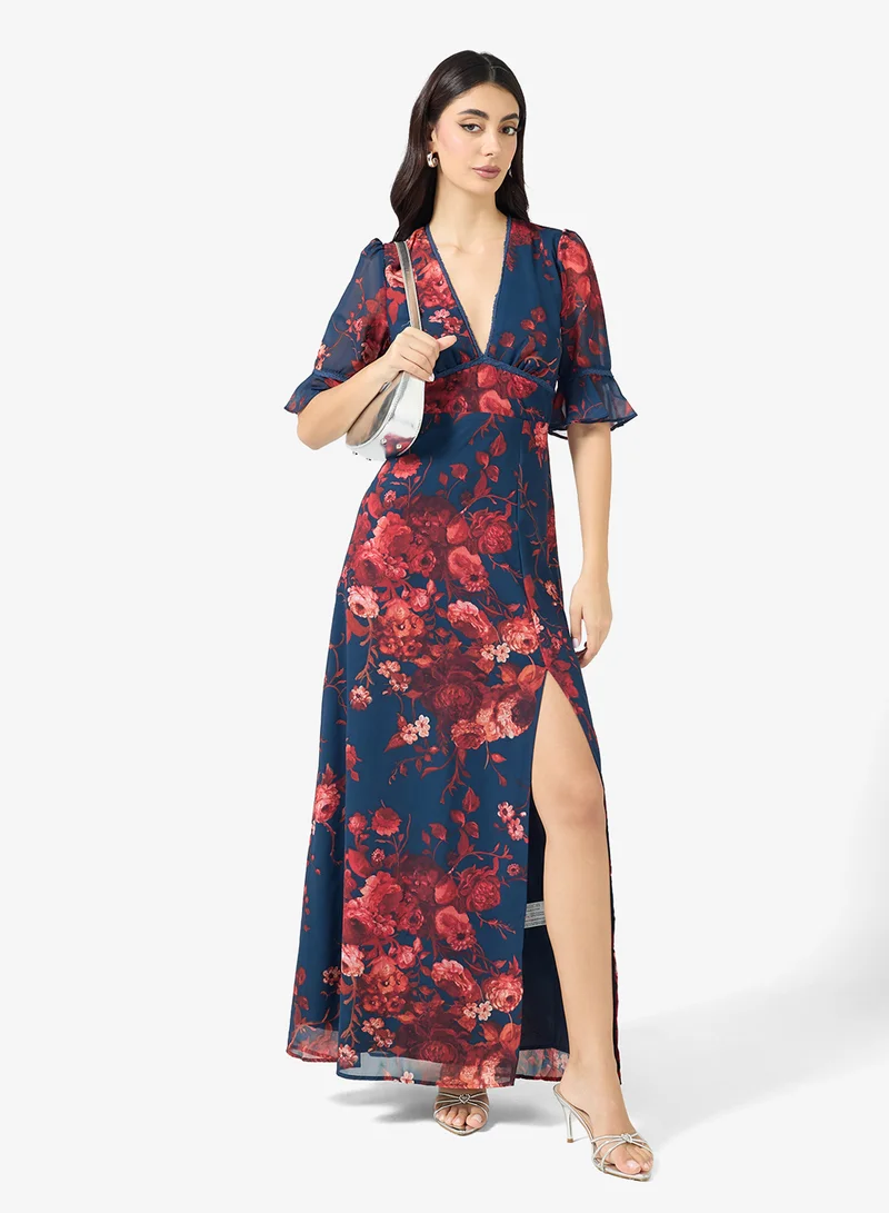 Hope & Ivy Frill Sleeve Thigh Split Open Back Maxi Dress