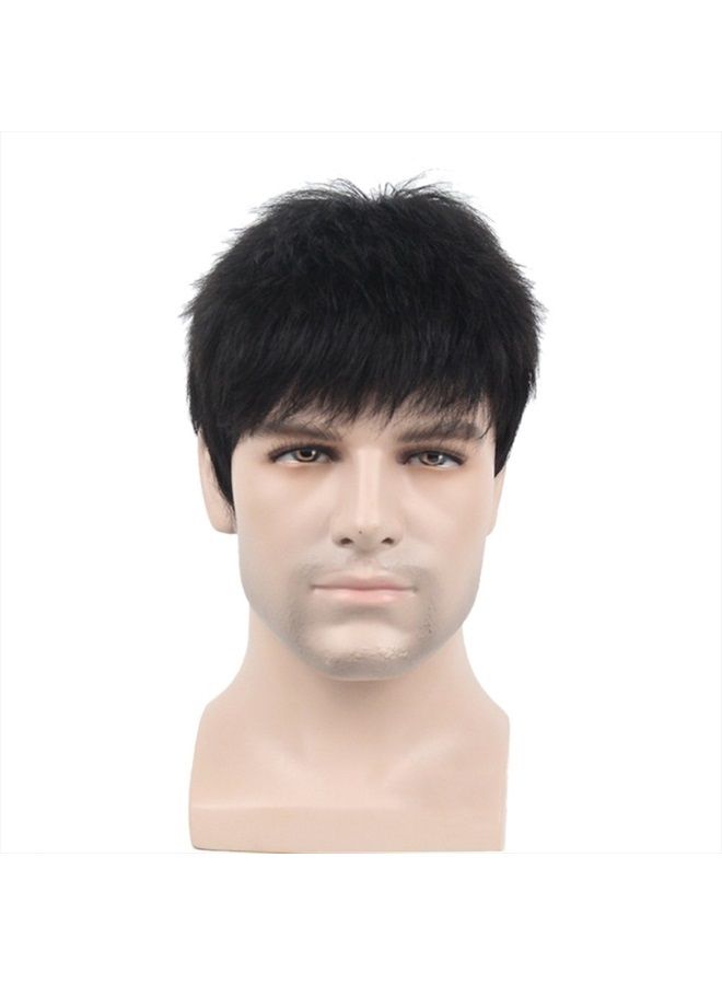 Remeehi باروكة ريميهي للرجال قصيرة ومجعدة ومستقيمة مع غرة كاملة بدون دانتيل مصنوعة آليًا من شعر الإنسان الطبيعي الأسود - Image 1
