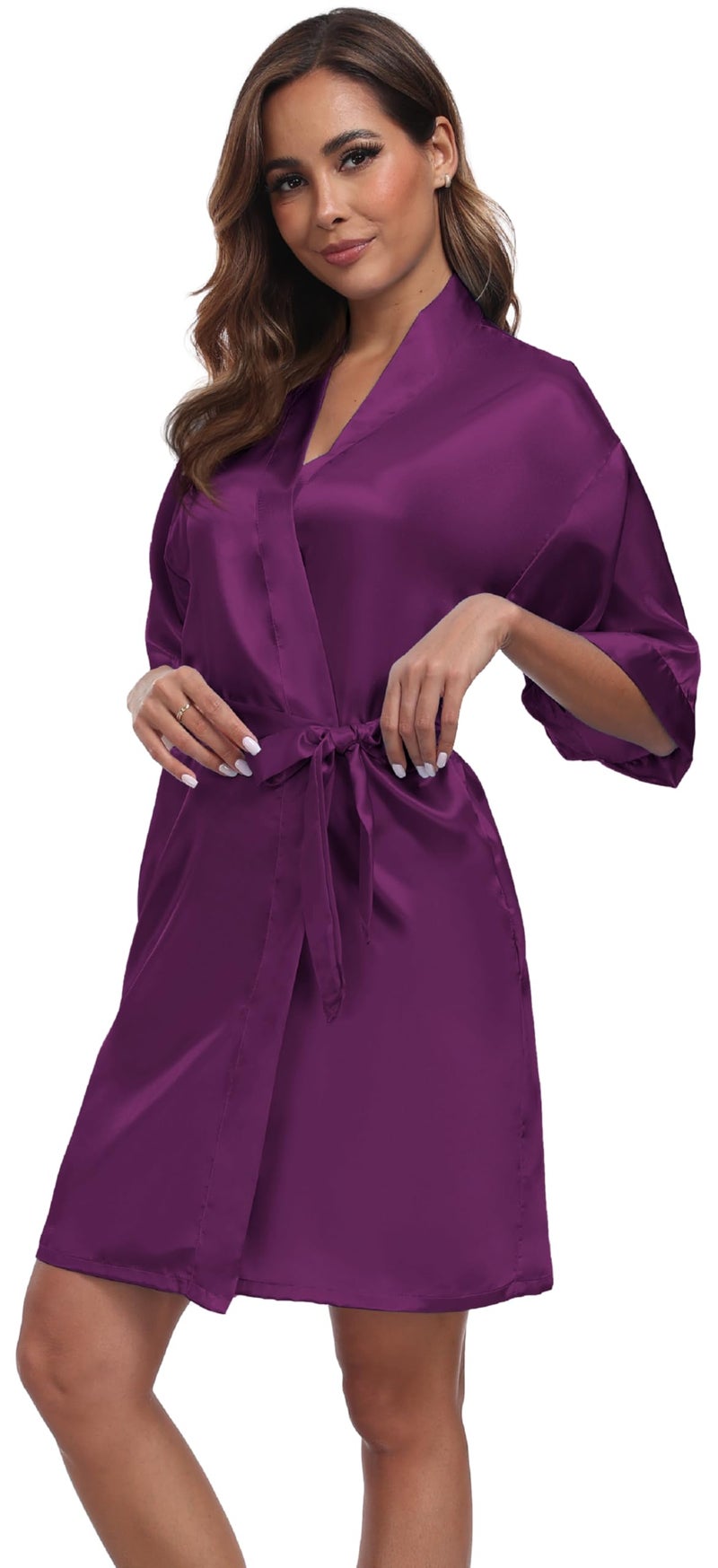 Goodmansam Women's Simplicity Stlye Bridesmaid Wedding Party Kimono Robes, Short,Eggplant Purple4,Medium - Image 3