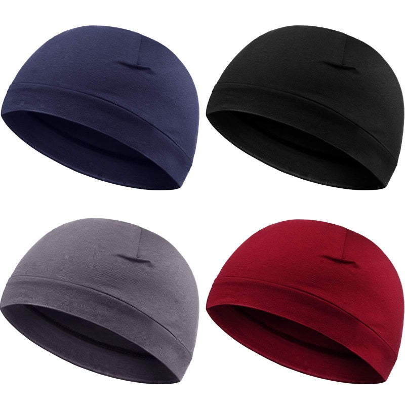 Syhood 4 Pieces Men Skull Caps Soft Cotton Beanie Hats Stretchy Helmet Liner Multifunctional Headwear for Men Women (Gray, Wine Red, Navy Blue, Black,Solid Style) - Image 1