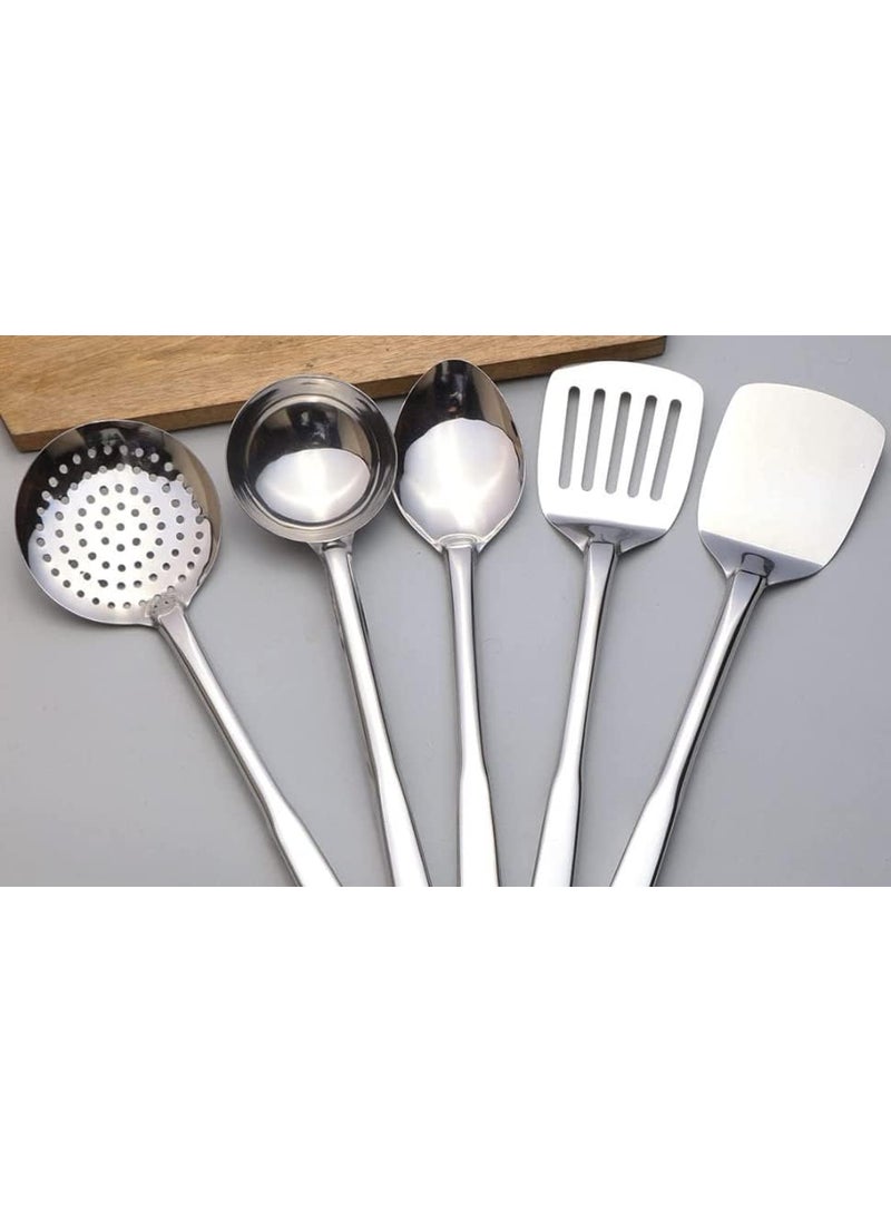 C DEVICE C DEVICE Premium Stainless Steel Kitchen Tool Set For Cooking Set Of 5 Silver Cutlery Set Contains 1 Ladle 1 Skimmer1 Turner 1 Spatula 1 Slotted Turner  - Image 1