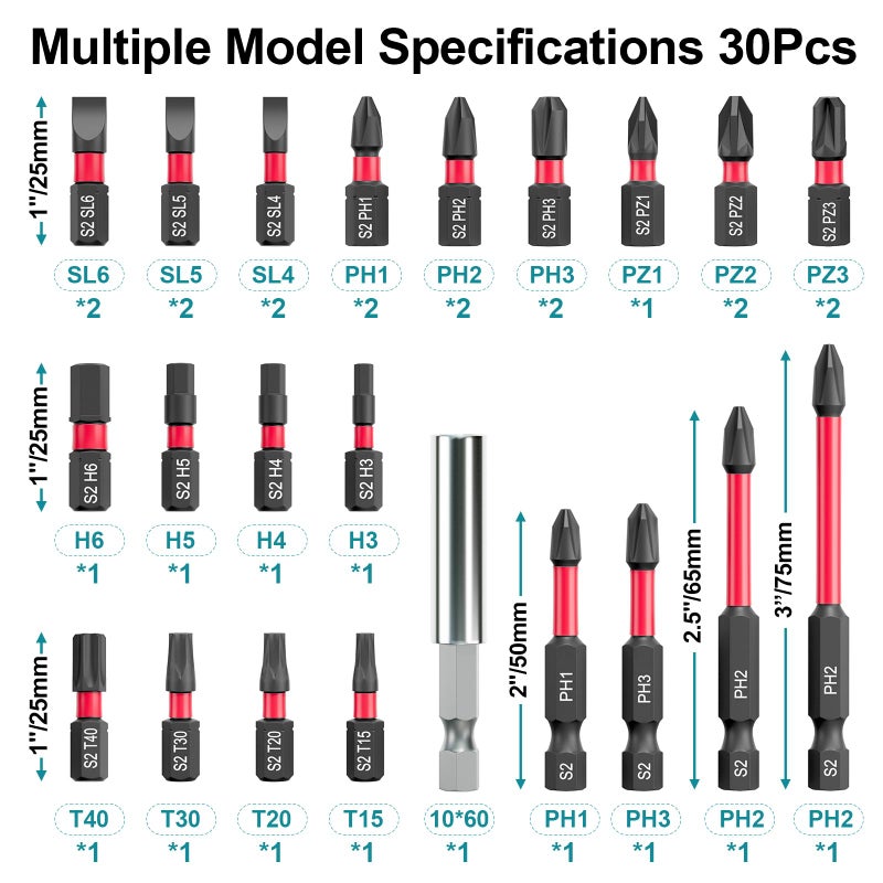 YOSIGHT 30Pcs Screwdriver Bit Set, S2 Steel Impact Bits with Magnetic Phillips, Slotted, Torx, Hex & Allen, Storage Case Included, for Electric Drills, Power Screwdrivers, DIY, Woodworking, Construction - Image 2