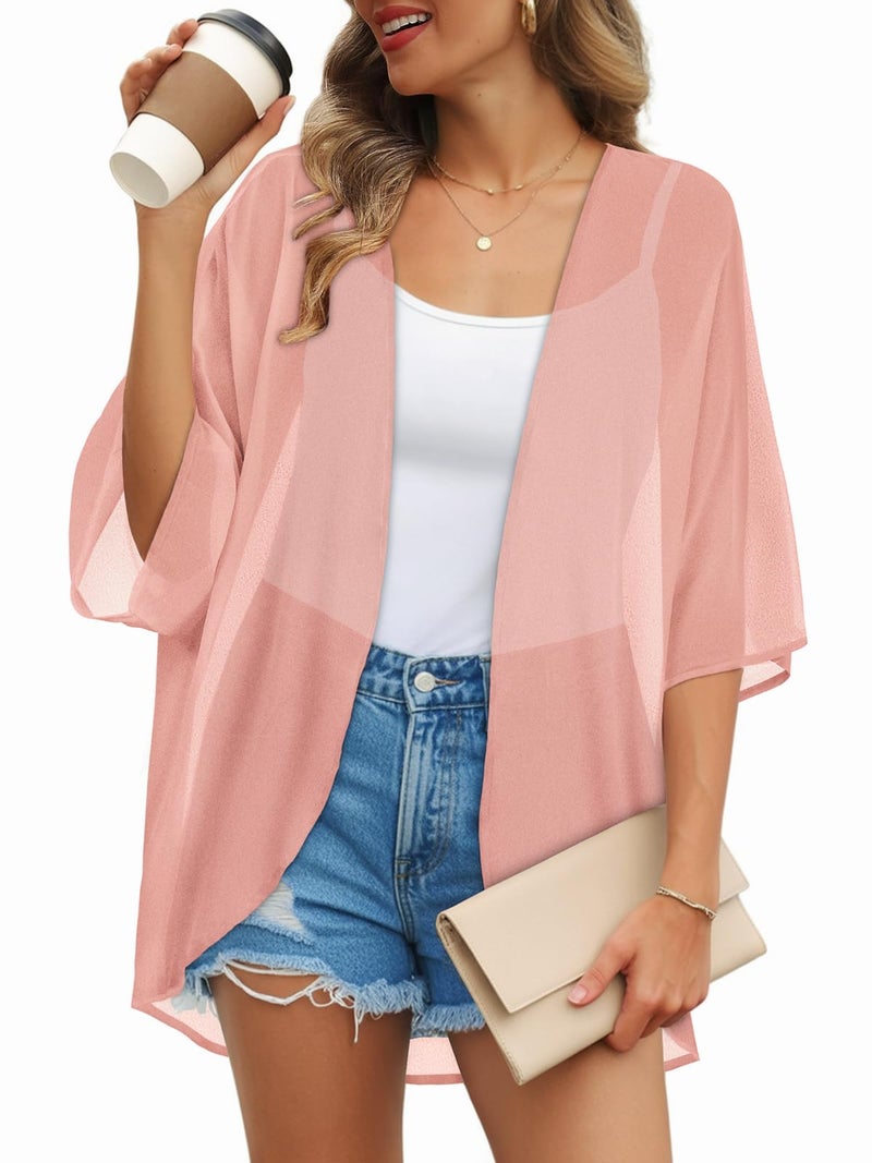 JILUVIN Womens Kimono Cardigans Beach Cover ups Swimwear Puff Sleeve Loose Casual Summer Tops (Light Pink,L) - Image 1
