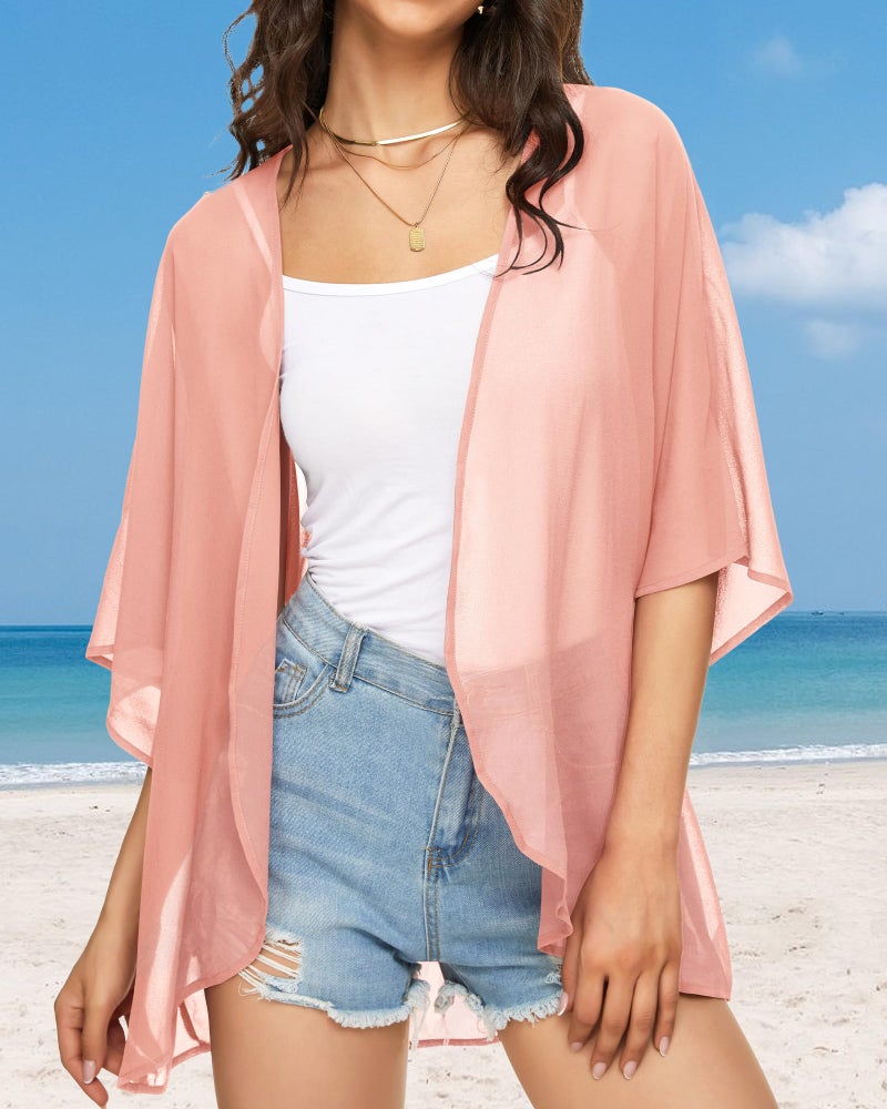 JILUVIN Womens Kimono Cardigans Beach Cover ups Swimwear Puff Sleeve Loose Casual Summer Tops (Light Pink,L) - Image 2
