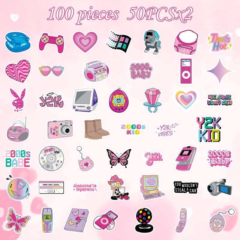 Aposwow Vemfare Y2K Restro Aesthetic Stickers - 100 Pcs 2000s Y2K Water Bottle Stickers, Waterproof Scrapbook Sticker for Women, Cute Vinyl Decals for Laptop Journal Luggage - Image 2