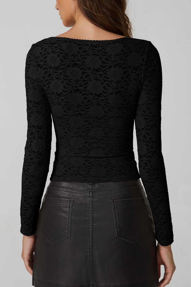 QINSEN Long Sleeve Lace Tops for Women Double Lined Scoop Neck Soft Stretch Basic Shirts Black XS - Image 2