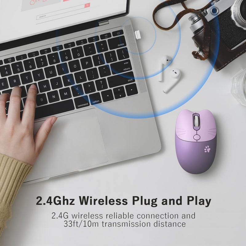 MOFii Cute Cat Wireless Mouse, 2.4GHz Wireless Silent Mouse, USB Receiver Plug and Play, 3 Adjustable DPI, Compatible with Notebook, PC, Laptop, Computer- Purple Colorful - Image 2