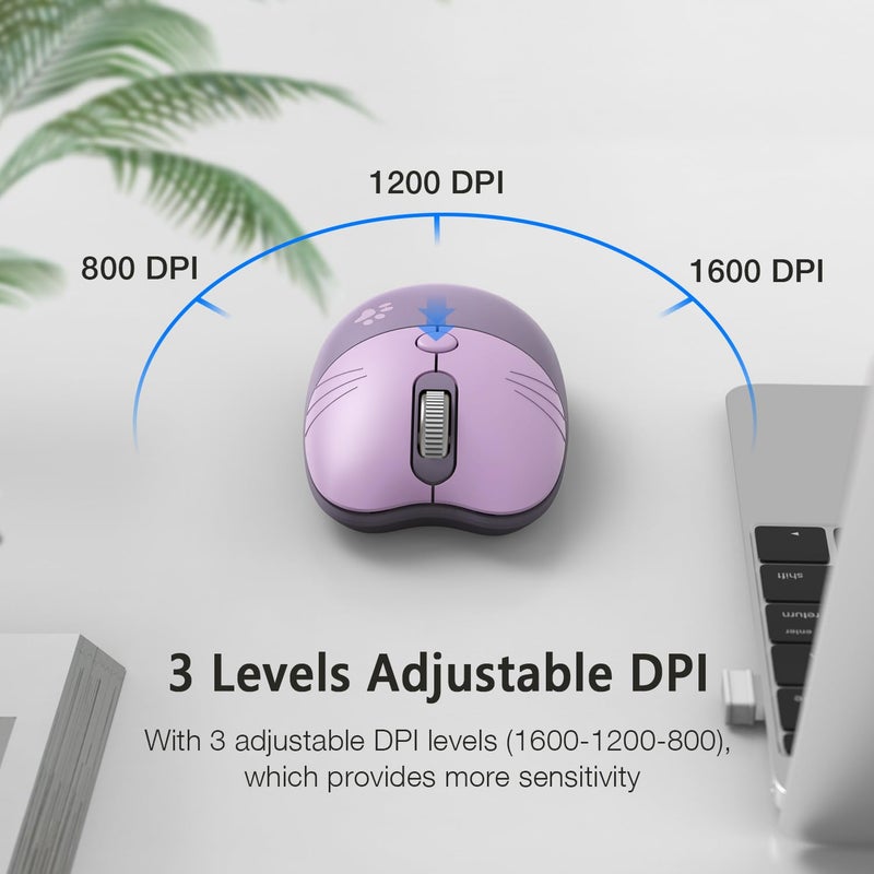 MOFii Cute Cat Wireless Mouse, 2.4GHz Wireless Silent Mouse, USB Receiver Plug and Play, 3 Adjustable DPI, Compatible with Notebook, PC, Laptop, Computer- Purple Colorful - Image 4