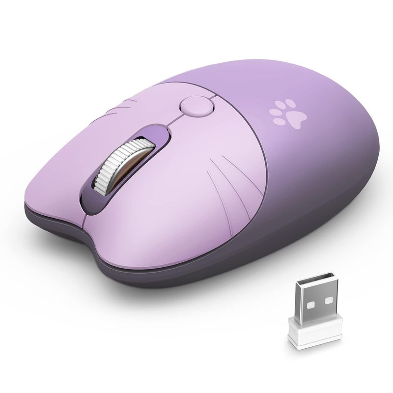 MOFii Cute Cat Wireless Mouse, 2.4GHz Wireless Silent Mouse, USB Receiver Plug and Play, 3 Adjustable DPI, Compatible with Notebook, PC, Laptop, Computer- Purple Colorful - Image 1