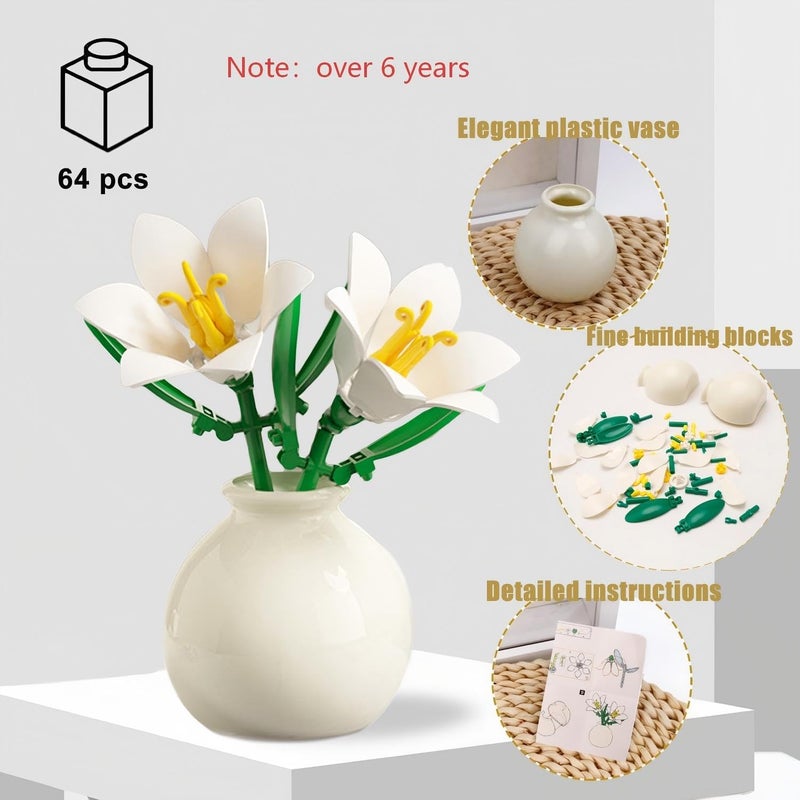 Lily Bouquet DIY Flower Building Blocks Set with Vase – Faux Floral Botanical Craft Kit for Adults, Teens, and Kids – Creative, Educational Toy, Home & Office Décor, Mum Gift，OVER 6 YEARS - Image 4