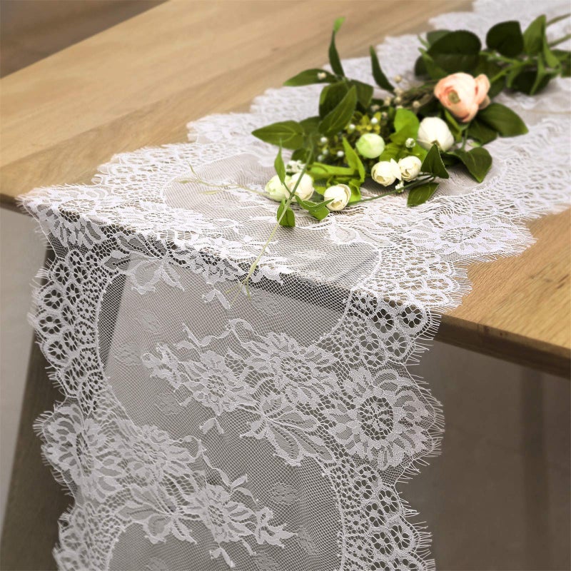 B.Cool B-COOL White Lace Table Runner 14 X 120 Inch Vintage Floral Table Runners Rose Embroidered Lace Fabric for Fall Rustic Wedding Reception Bridal Shower Boho Baby Shower Thanksgiving Party Decoration - Image 1