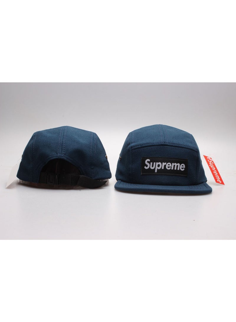 Supreme Black Box Logo Navy Blue Canvas Adjustable Flat Brim Camp Cap