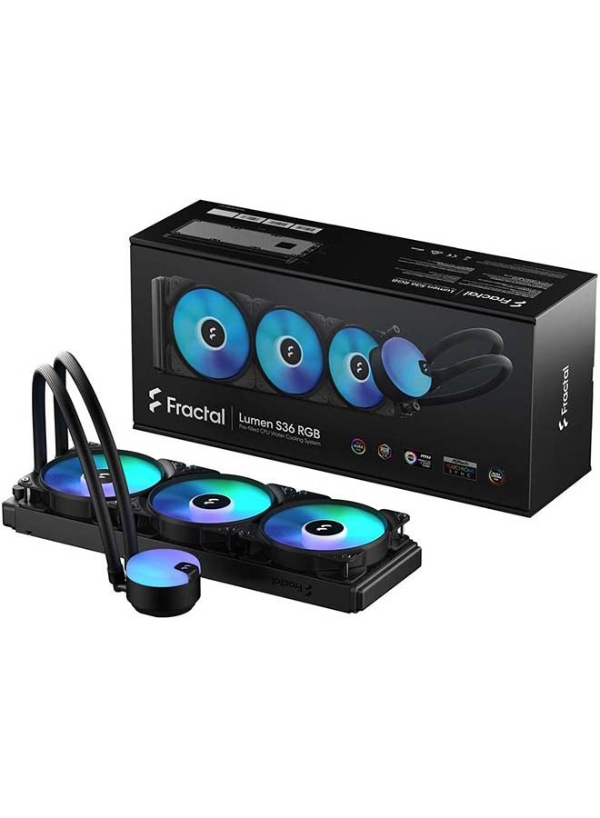 Fractal Design Lumen S36 RGB 360mm AIO CPU Liquid Cooler, LGA 1700 Support, Copper Cold Plate, Aluminium Fins & Radiator, Six ARGB LEDs, 3x 12 RGB PWM Fans, Support LGA 1700/AM5, Black | FD-W-L1-S3612 - Image 1