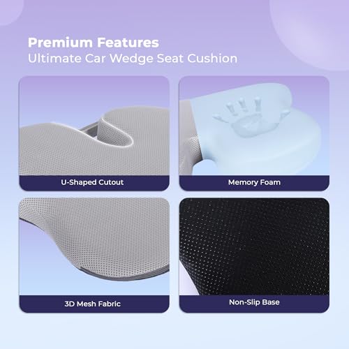Billebon Premium Car Seat Cushions Combo, Lumbar Support, Neck Rest & Car Wedge Seat Cushion for Long Drive Comfort, Gel Infused Memory Foam, Ergonomic Car Cushions Pillows (Grey) - Image 4