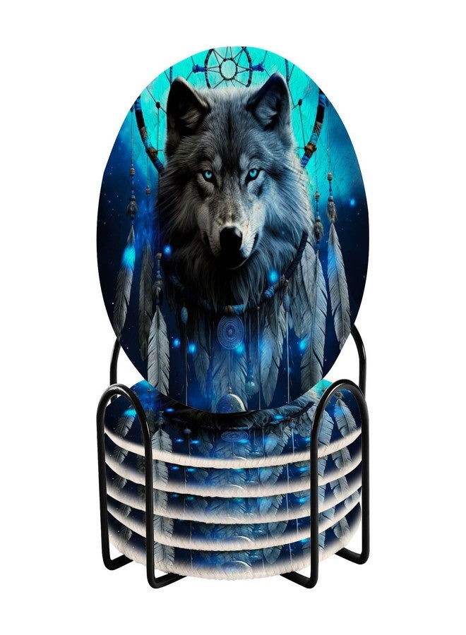 SDMKA Dream Catcher Wolf 6 Pcs Cotton Woven Coasters with Holder - 3.9 Inch Absorbent Drink Coasters - Ideal Cup Coasters for Coffee Table Protection - Image 1