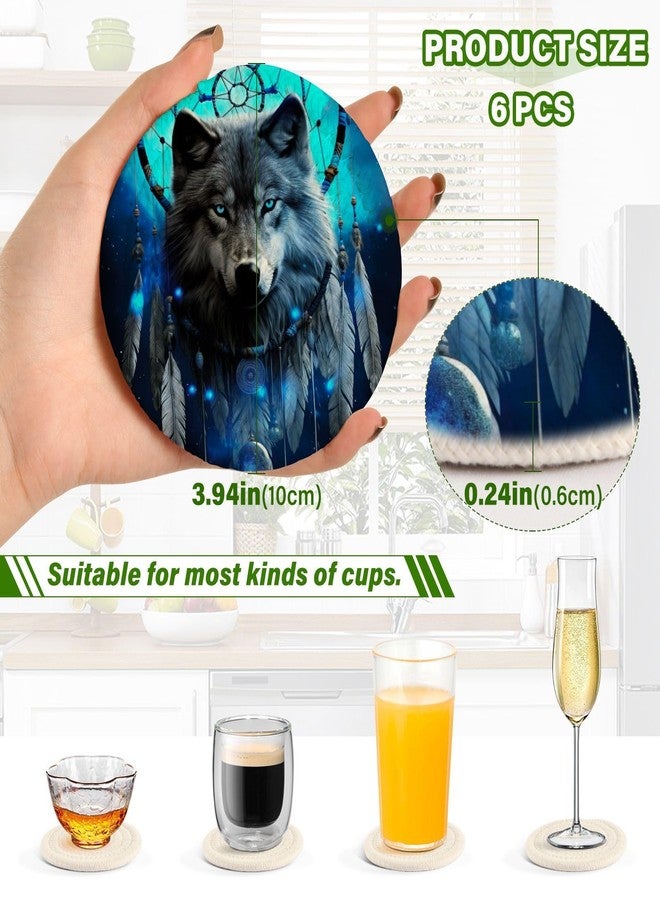 SDMKA Dream Catcher Wolf 6 Pcs Cotton Woven Coasters with Holder - 3.9 Inch Absorbent Drink Coasters - Ideal Cup Coasters for Coffee Table Protection - Image 3