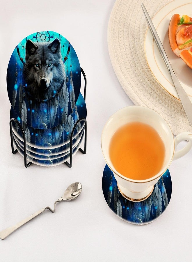 SDMKA Dream Catcher Wolf 6 Pcs Cotton Woven Coasters with Holder - 3.9 Inch Absorbent Drink Coasters - Ideal Cup Coasters for Coffee Table Protection - Image 5