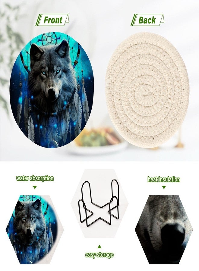 SDMKA Dream Catcher Wolf 6 Pcs Cotton Woven Coasters with Holder - 3.9 Inch Absorbent Drink Coasters - Ideal Cup Coasters for Coffee Table Protection - Image 4