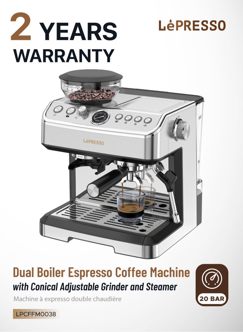 ليبرسو ماكينة قهوة إسبريسو مزدوجة الغلاية مع مطحنة مخروطية قابلة للتعديل وبخار 20 بار/ماكينة قهوة مع خافق حليب/إيقاف تلقائي/موزع مياه ساخنة/سعة خزان مياه - فضي - Image 1