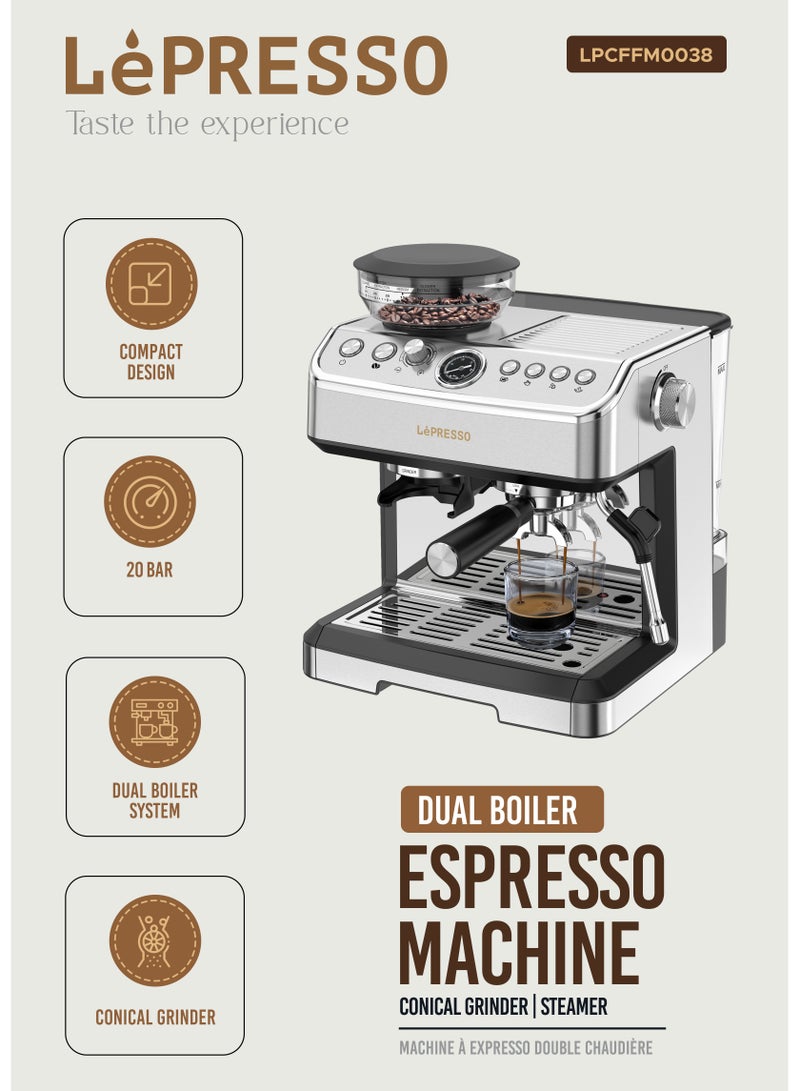 ليبرسو ماكينة قهوة إسبريسو مزدوجة الغلاية مع مطحنة مخروطية قابلة للتعديل وبخار 20 بار/ماكينة قهوة مع خافق حليب/إيقاف تلقائي/موزع مياه ساخنة/سعة خزان مياه - فضي - Image 2